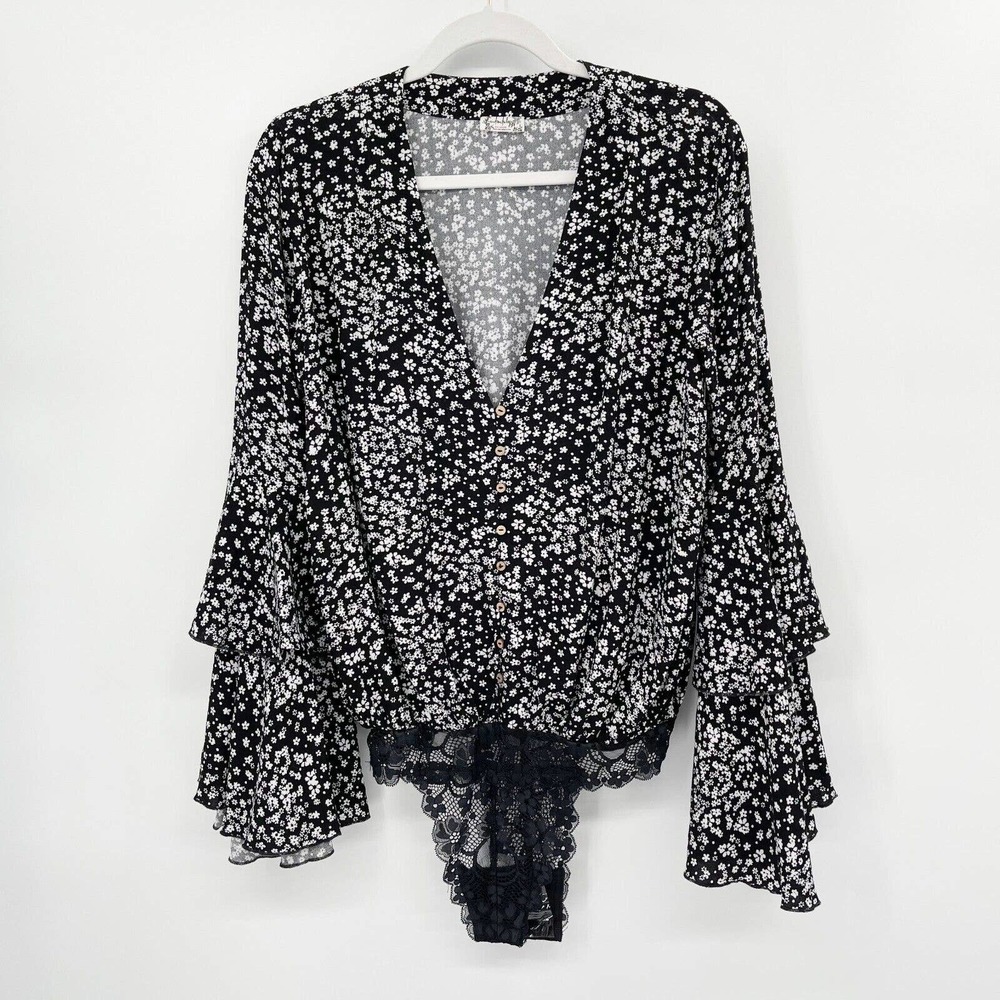 Intimately Free People Ditsy Floral Bodysuit Bell Sleeve Black White Size XS New